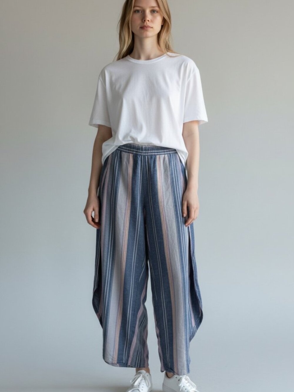 Drew Anthropologie Linen Blend Striped Tulip Pants Size Large Blue Beach